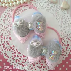 【ꫛᥱꪝ☆】ハンドメイド☆きらきらくま☆フェイクファーツインリボンヘアゴム④