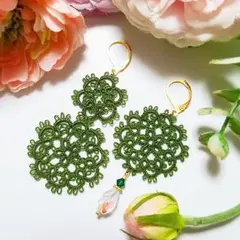 組合せ自由◇フラワーモチーフとしずくドロップのタティングレースピアス◆
