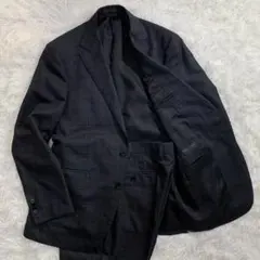 美品 HILTONダークグレー チェック ビジネススーツAB5 ウール100%