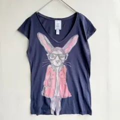 MNG レディース　Tシャツ　フレンチスリーブ　うさぎ　イラスト　ネイビー　Sのサムネイル