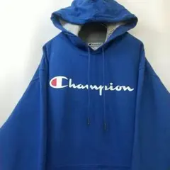 Champion ビッグロゴ プリント 袖ロゴ パーカー XL ブルー 古着