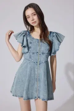 rienda ヒロインワンピ デニムフリルミニワンピース