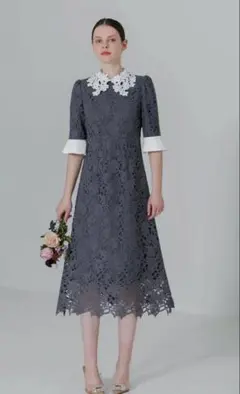 LEJA 花柄レースカラースパンコールAラインワンピースドレス