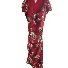 カシェ 美シルエット 膝丈ワンピース 【4】赤 花柄 ギャザー 高級感