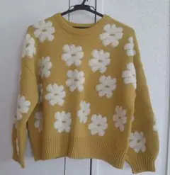 フラワーニット セーター 長袖 マスタード