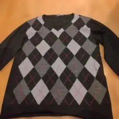 【美品】セマンティックデザイン アーガイル柄ニット セーター 黒×グレー LL