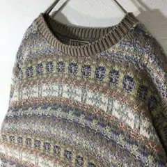 【個性派古着】L.L.Bean デザインニット　ベージュマルチカラー　綿　M