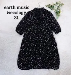 アースミュージック 7分袖ワンピース(3L)フリル付黒花柄 フェミニン 洗える
