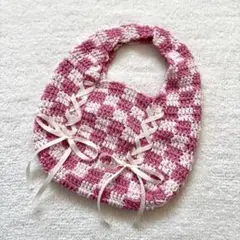 リボン 編みあげ チェック柄 ワンハンドルバッグ ハンドバッグ ハンドメイド