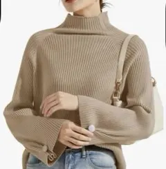 リブニット レディース Fサイズ カーキ トップス ニット ハイネック