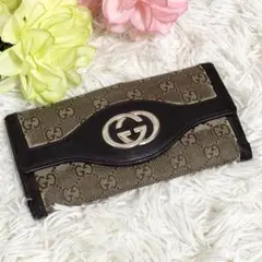GUCCI 長財布 GGキャンバス　インターロッキング レザー　ダークブラウン