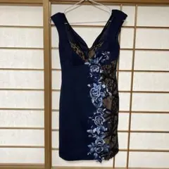 ネイビー レース刺繍 ナイトドレス