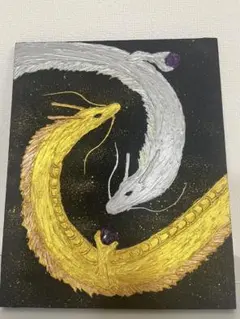 風水開運絵画＊煌めく満月宇宙乱舞白金龍 ラメ 財運 恋愛運 願い事