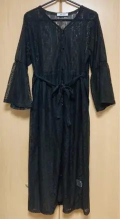 レース ロングカーディガン 黒 M