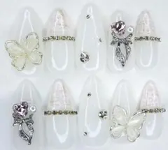 ネイルチップ 量産型 地雷系 ワンホン フレンチガーリー ツイード 韓国 乳白色