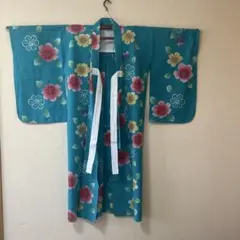 青色 花柄 浴衣 ジュニア　約130cm〜140cm 美品