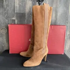 Ferragamo 美品 ロングブーツ スエード レザー 刺繍入り ブラウン