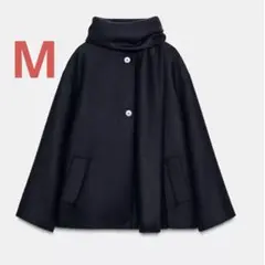 新品タグ付き ZARA ウールショートスカーフコート Mサイズ ネイビーブルー