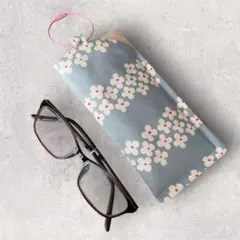 ハンドメイド 花柄 くすみブルー メガネケース