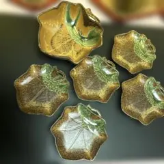 葉っぱ型 陶器　深鉢&小皿 五枚 和食器 織部風 飴釉 緑釉