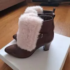 新品未使用　ベルフローリー　本革　ファー付きショートブーツ　茶色　23.5