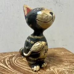 見上げ猫 黒縞 木製 ハンドメイド アジアン雑貨 バリ雑貨 ウェルカム猫 置物