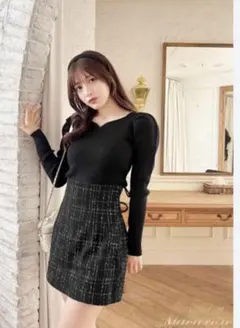 michellMacaron くびれ美脚ツイードスカート 黒と白のチェック柄