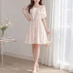 2.4万 Apuweiser-riche 花柄刺繍ワンピース S フリル フレア