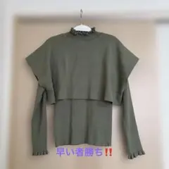 LOWRYSFARM オリーブグリーン フリルネック クロップドニット