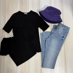 GU まとめ売りブラックTシャツ2枚セットとデニム、パープルハット