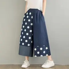 ブルー 青互い違いドット柄水玉模様デニムワイドパンツ キューブシュガー