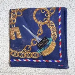 CELINE　セリーヌ　ハンカチ　チェーン　リボン　ネイビー系　約47cm