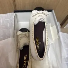 CHANEL】シャネル フリルリボン パンプス ベージュ/黒 36.5サイズ 