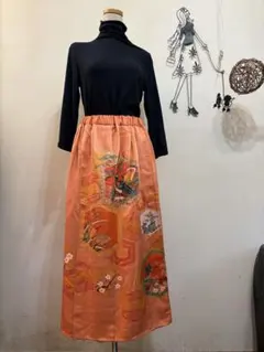 着物リメイク　オレンジの和柄ロングスカート