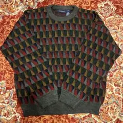 ■総柄アクリルニット USA古着90s 秋色アースカラー レトロ アート 灰