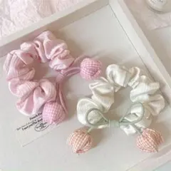 リボン付きサテンシュシュ 2個セット ピンク ホワイト