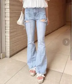 INGNI イング サイドリボンカットアウトフレアデニムパンツ ライトブルー S