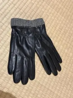 TAKEO KIKUCHI レザー手袋 黒 24cm リブ編みカフ付き