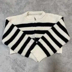 白黒ストライプ ジッパー付きニットカーディガン