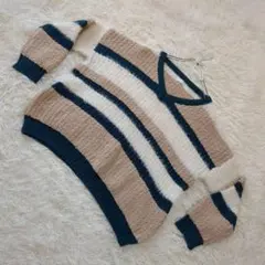 【セシルマクビー】vネック ボーダー　ニット　セーター　M 異素材ドッキング