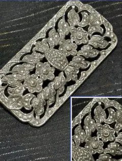 ヴィンテージマーカサイト？刻印なし　花葉ブローチ年代物ビンテージvintage