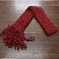 ハンドメイド 赤 ニットマフラー フリンジ付き　棒編みマフラー