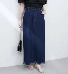 【ナチュラルクチュール】裾フリンジスカラップデニムスカート【新品】