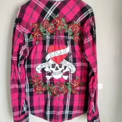 エドハーディー 薔薇刺繍 スカル プリント チェック シャツ ピンク メンズ L