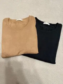 ベージュ・ネイビー クルーネックニット2枚セット