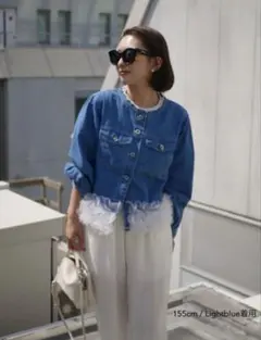 チュールドッキングデニムジャケット｜フリルヘム ライトブルー BeBeoD風