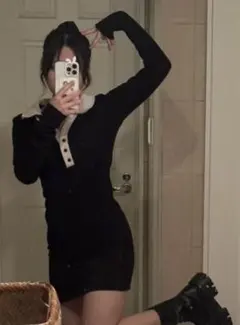 黒ポロカラー長袖ミニワンピース 生地厚め　透けない　骨格ストレート　春服