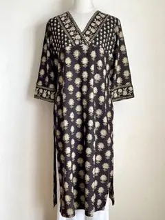 ハンドブロックプリント　クルタ　パンジャビドレス　ブラウン XL (26A)