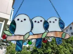 シマエナガのステンドグラス 3羽 吊り下げ飾り