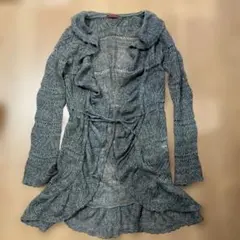 レース編み襟付きロングカーディガン グレー　透かし編み　モヘア　柔らかい　秋〜春